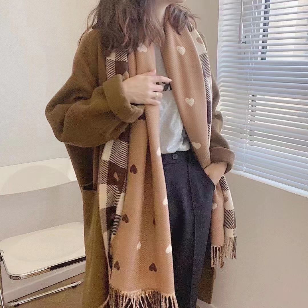 Double-Sided Love Plaid subnet red cashmere scarf women's winter versatile Korean style shawl outer scarf warm thickened