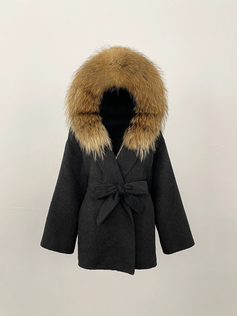 New Hooded Color-Blocked Fox Fur Collar Autumn and Winter Double-Sided Wool Outwear Women's Cloak Waist Thickeneded Woolen Outwear