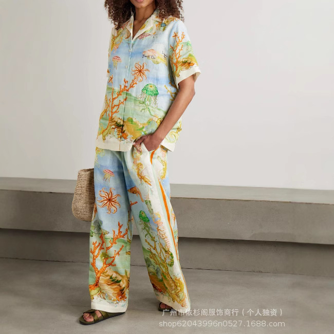 2024 Amazon Independent Site Fashion Printed Short-Sleeve Color-Block Vacation Tie-Up Set Vacation Style Outfit