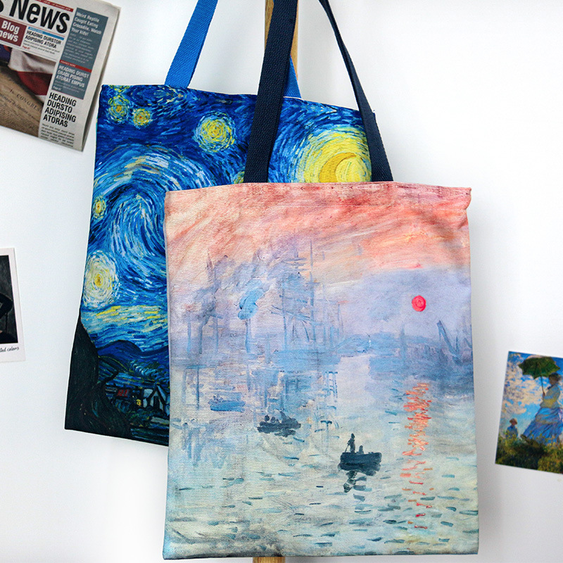 World Famous Painting Canvas Bag Large Capacity Shopping Bag Student Wenchuang All-match Schoolbag Starry Sky Sunrise Green Wheat Field