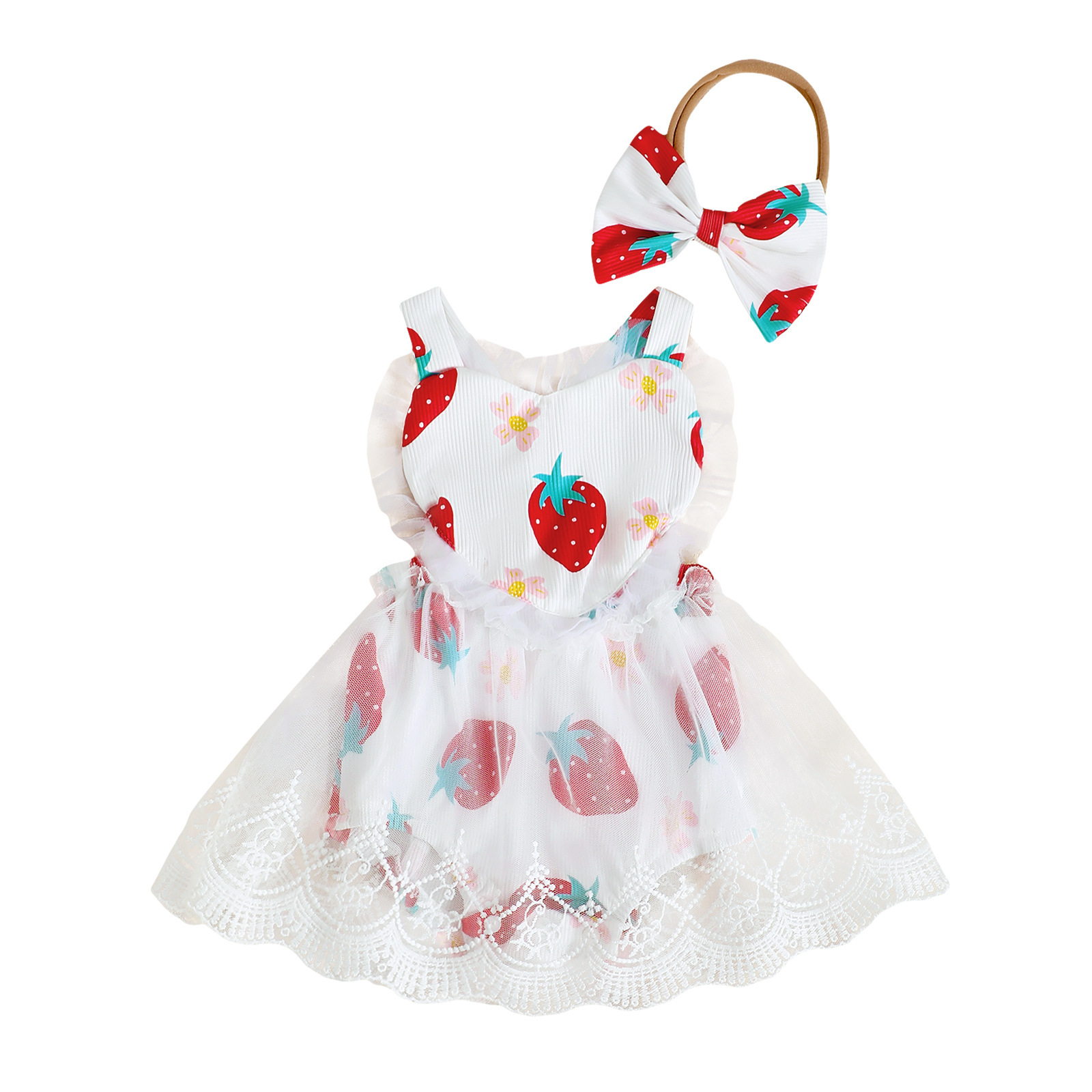 Picture of Cross-border Baby Children's New Girl's Strawberry Pattern Summer Strap Mesh Hare Dress Headwear Two-piece Set