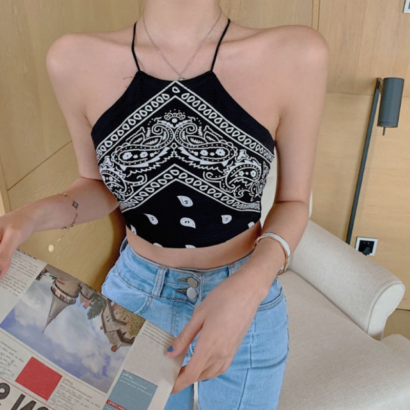 Guofeng Summer Hong Kong Style Ethnic Vintage Printed Tight-fitting Navel Neck-hanging Camisole Small Vest for Women