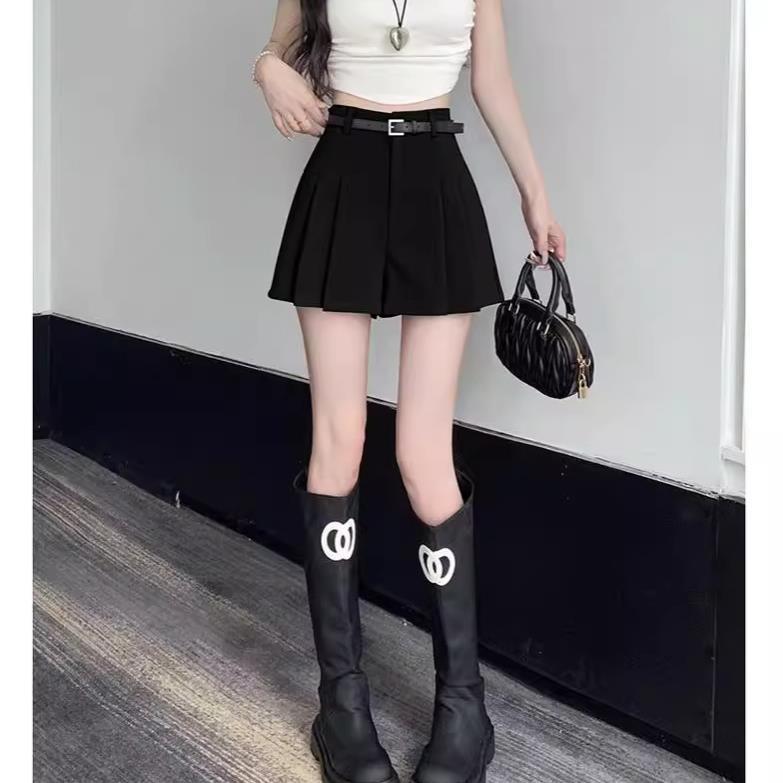 Grey Suit Pleated Short Pants Skirt Women's Summer Thin 2024 New High Waist Slimming A- Line Loose Wide Leg Hot Pants
