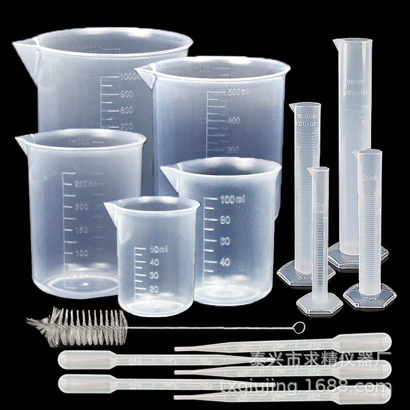Picture of New combination set plastic measuring cylinder beaker 50/100/250/500/1000ml with 3ml dropper nylon brush