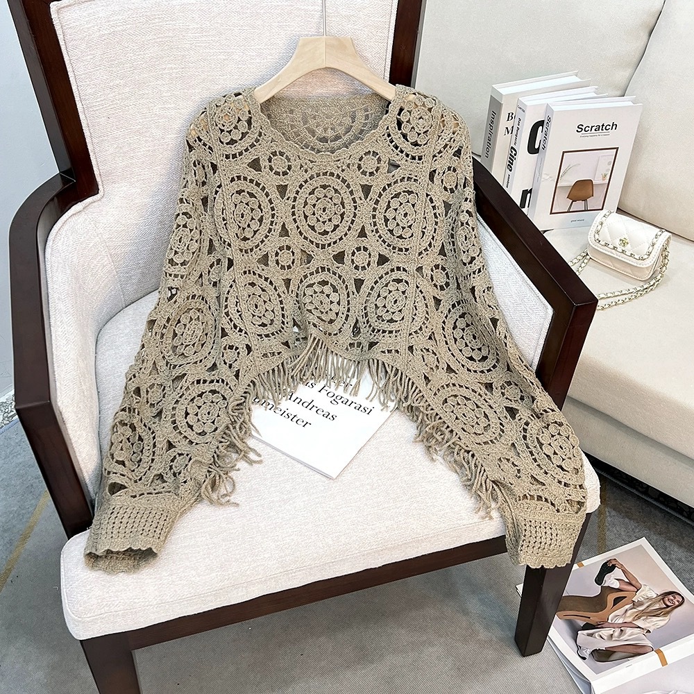 Picture of Retro ethnic style round neck tassel crocheted hollow batwing sleeve short pullover sweater blouse women's casual top