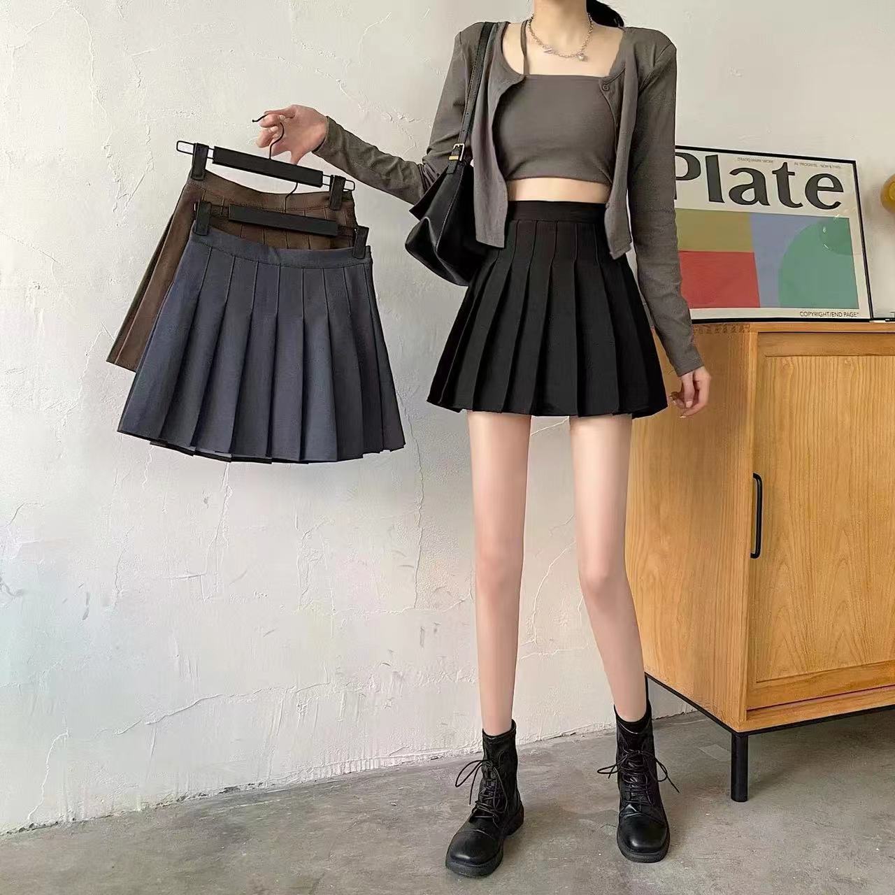 plus size chubby girl High Waist brown Pleated Skirt Autumn 2024 New Sweet Cool A- line Short Skirt Slim Skirt Women