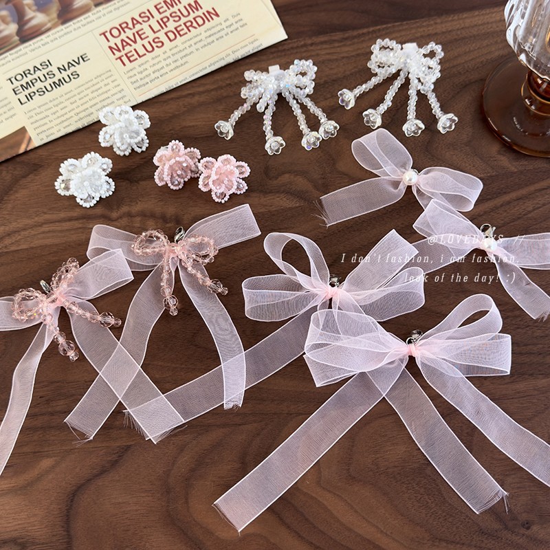 Ins Style Detachable Pink Ribbon Bow Crystal Beaded Shoe Buckle Shoe Flower Ballet Style Decorative Buckle sneaker
