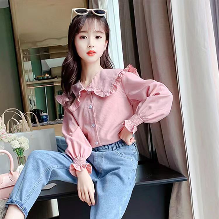 Picture of Girls' Spring and Autumn Shirt New Korean Style Foreign Style Long Sleeve White Shirt Children's Lace Doll Collar Base Top Trendy