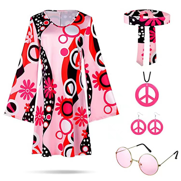 Amazon Halloween 2022 cross-border women's clothing 2070s hippie clothing printing dress plus headscarf
