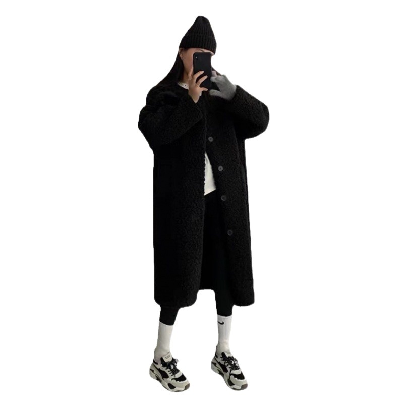 Autumn and Winter Imitation Lamb Wool Coat Women's Crewneck Mid-length New Imitation Lamb Wool Coat for Petite