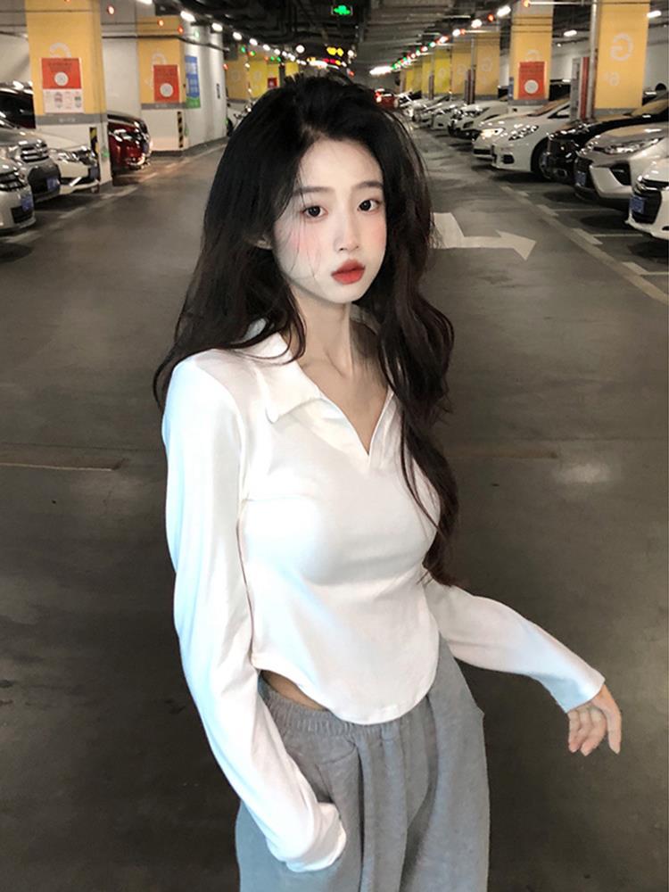 Polo collar pure wind long sleeve T-shirt women's autumn 2024 new hot girl design sense slim white short top