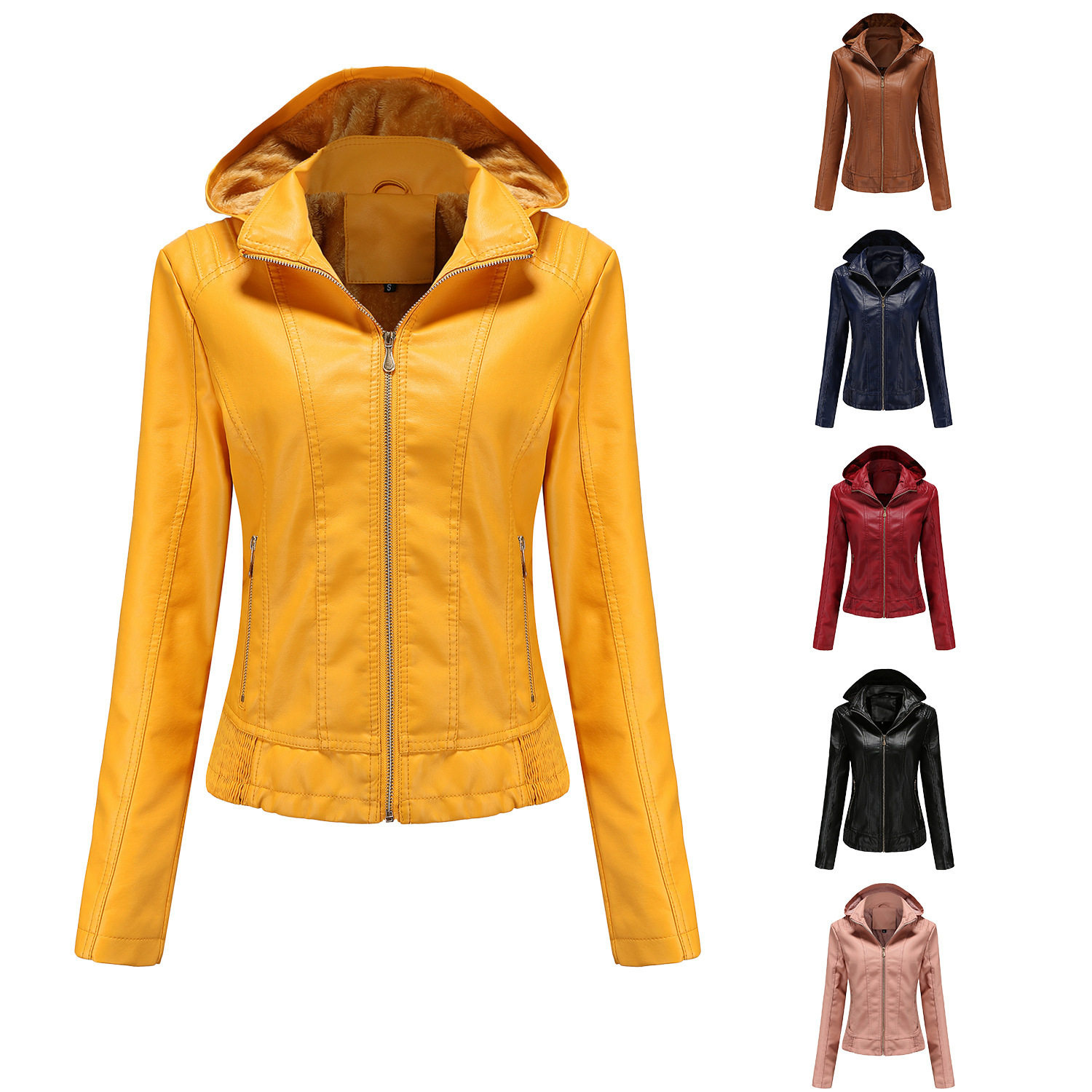 Picture of Fall 2022 Winter Hooded Leather Women's Removable Hat Zipper Long-sleeved fleece-lined Leather Jacket European-size Slim-fit Jacket Cross-border