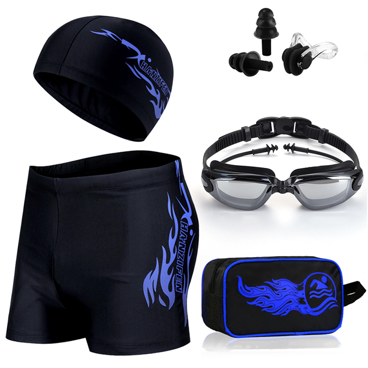 Classic Flame Swim Trunks Swimming Cap Swimming Storage Bag Plus Swimming Glasses and Nose Clip Ear Plug Swimming Gear Set