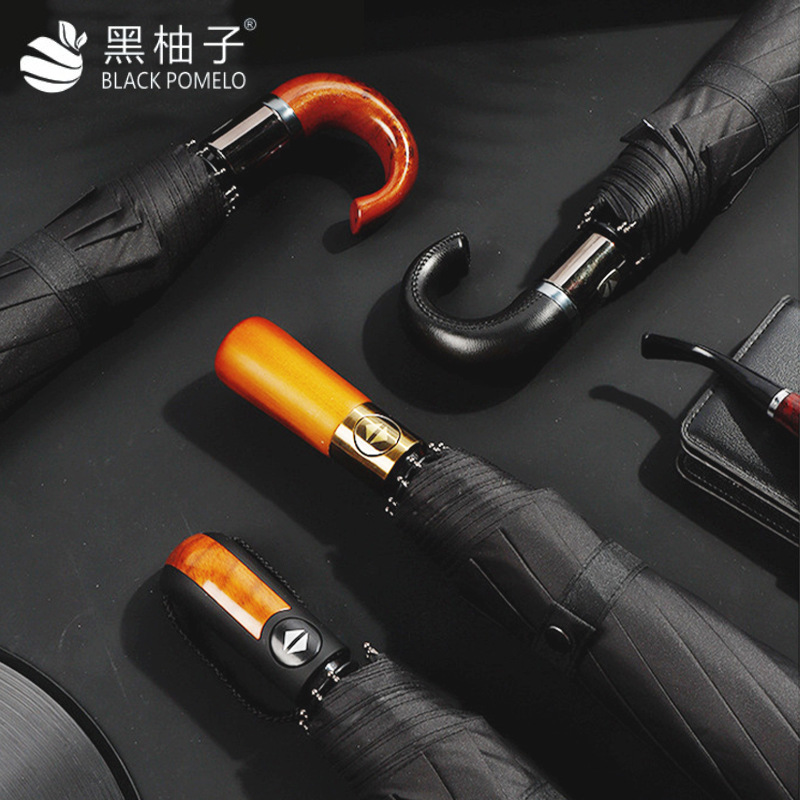 Picture of 10 bone automatic umbrella self-opening opaque black rubber sunscreen sun umbrella curved handle three-fold umbrella advertising logo