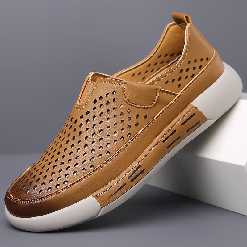 New Men's Hollow-out Leather Shoes Summer Trendy All-match Slip-on Men's Sandals Breathable Men's Stinky Foot-free Leather Shoes