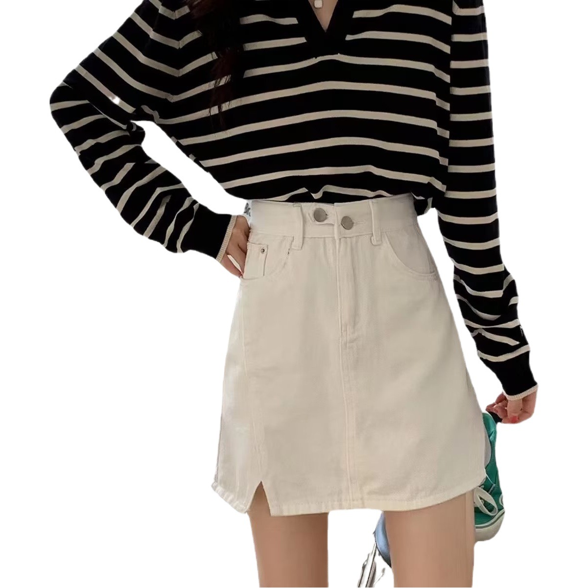 High Waist Denim Skirt Women's 2023 Spring and Autumn New A- line Skirt Slimming All-match Large Size Black Sheath Split Skirt