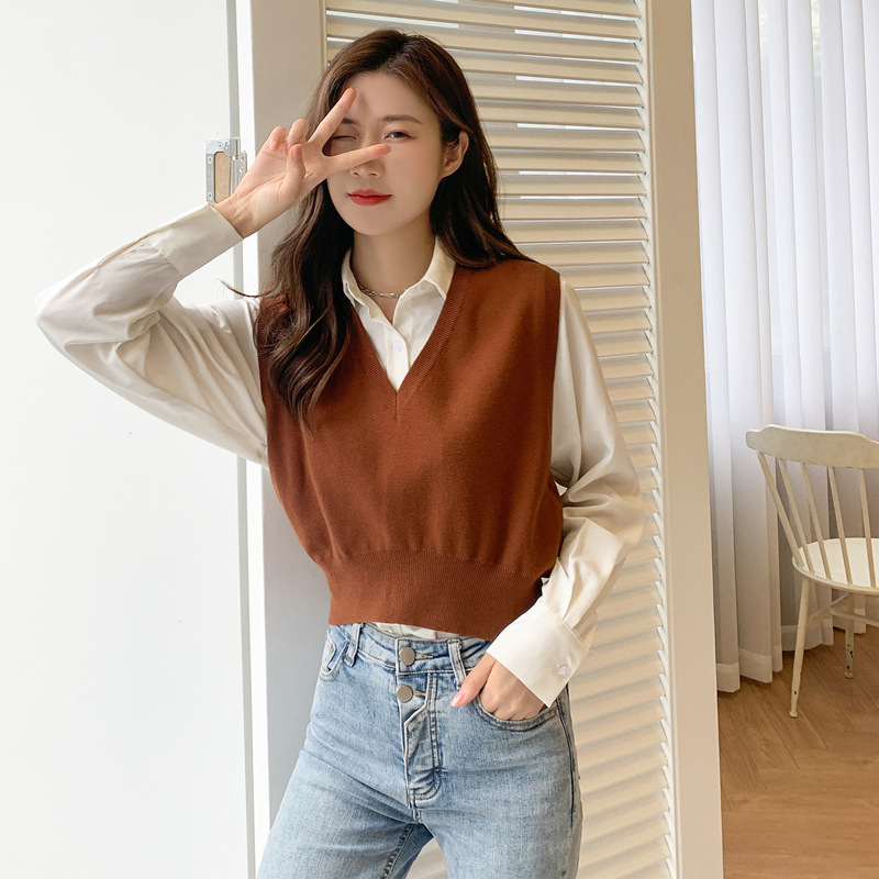 Picture of Spring and Autumn New Knitted Vest Women's Outer Matching Internet Popular Sleeveless Pullover Western Style Vest Short Brown Top