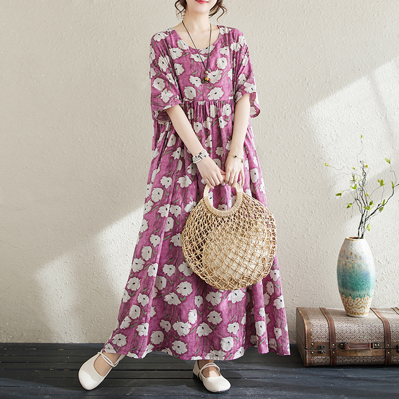 Retro printed cotton and linen loose slimming dress summer thin round neck short sleeve pullover casual A- line dress long skirt