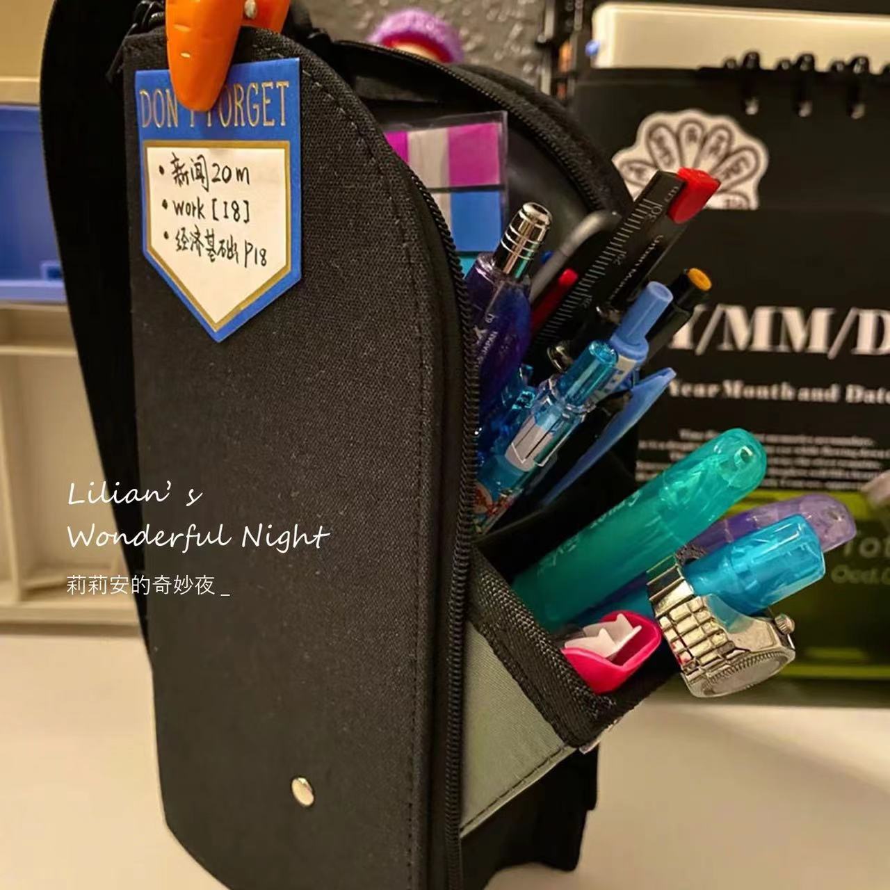 Pure Black Standing Pencil Bag Student ins Style Simple Practical Large Capacity Portable Rigid Fabric Pencil Case Stationery Bag