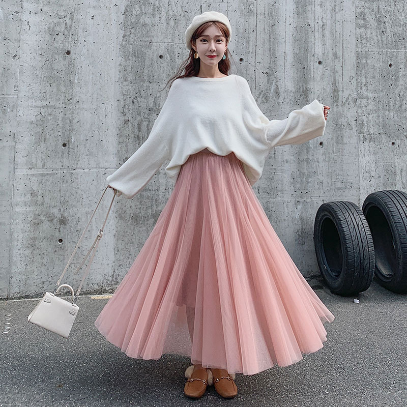 Picture of Veil Skirt Women's Skirt Spring and Autumn 2024 New Solid Color Slim A- line Skirt Mid-length Gauze Skirt