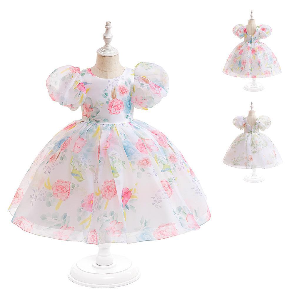 Picture of Girls' Dress European and American Puff Sleeve Princess Dress Children's Floral Mesh Puff dress 2024 Flower Girl Wedding Dress