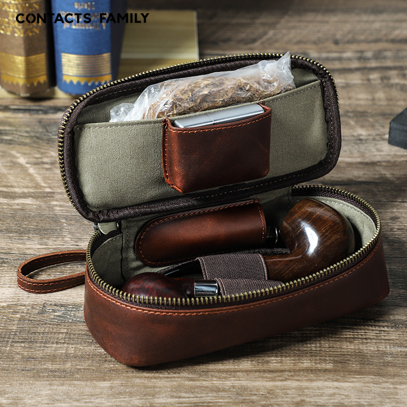 Brown cowhide pipe tobacco storage box suit travel portable zipper portable pipe bag a generation of hair