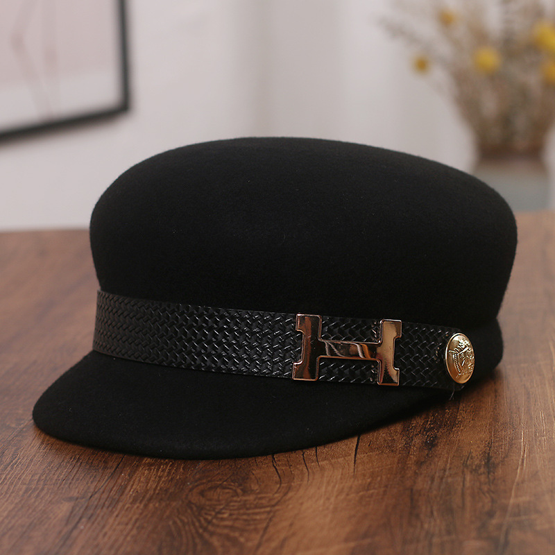 2021 autumn and winter New British vintage fashion H letter pure wool navy cap women's all-match duck tongue beret