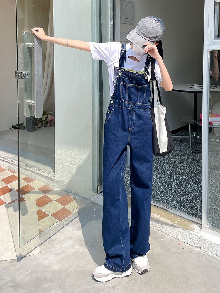 2025 Spring and Autumn Overalls Women's High Waist Slimming Age-Reducing Korean Style Small Loose Straight-Leg Wide Leg Denim Overalls