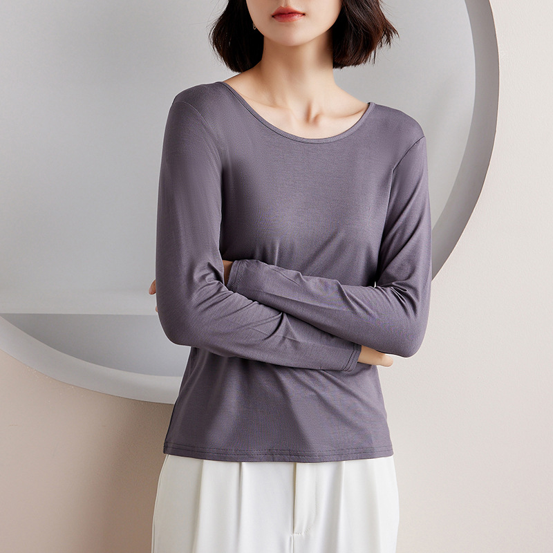 Picture of Women's Round Neck Inner Base Shirt for Autumn and Winter plus size Thin Autumn Clothes Solid Color Underwear Long-sleeved T-shirt for Women