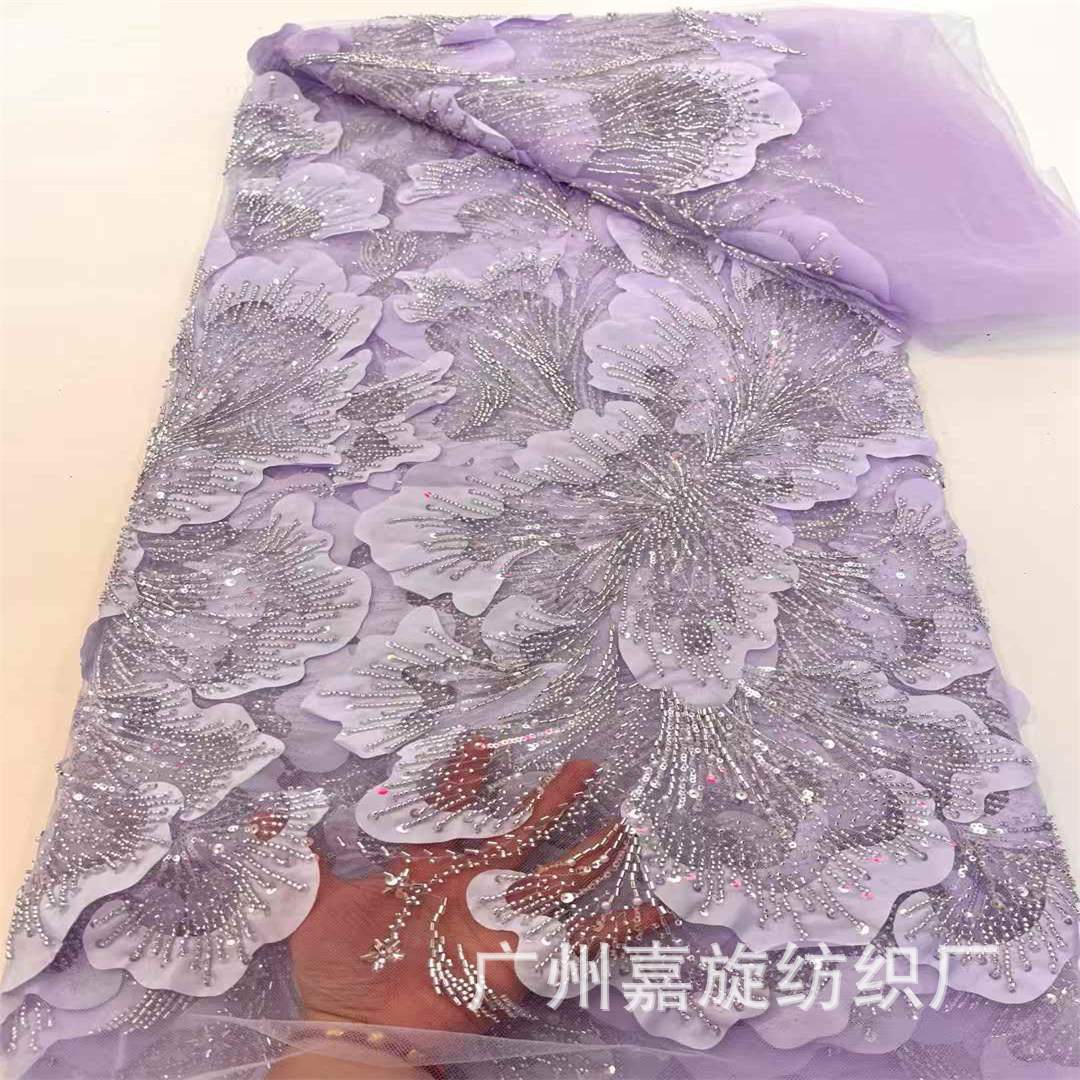 3D Laser Stereo Flower Embroider Heavy Wedding Dress Evening Dress Lace Fabric Sequin Bead Tube Embroider Mesh Fabric Lace