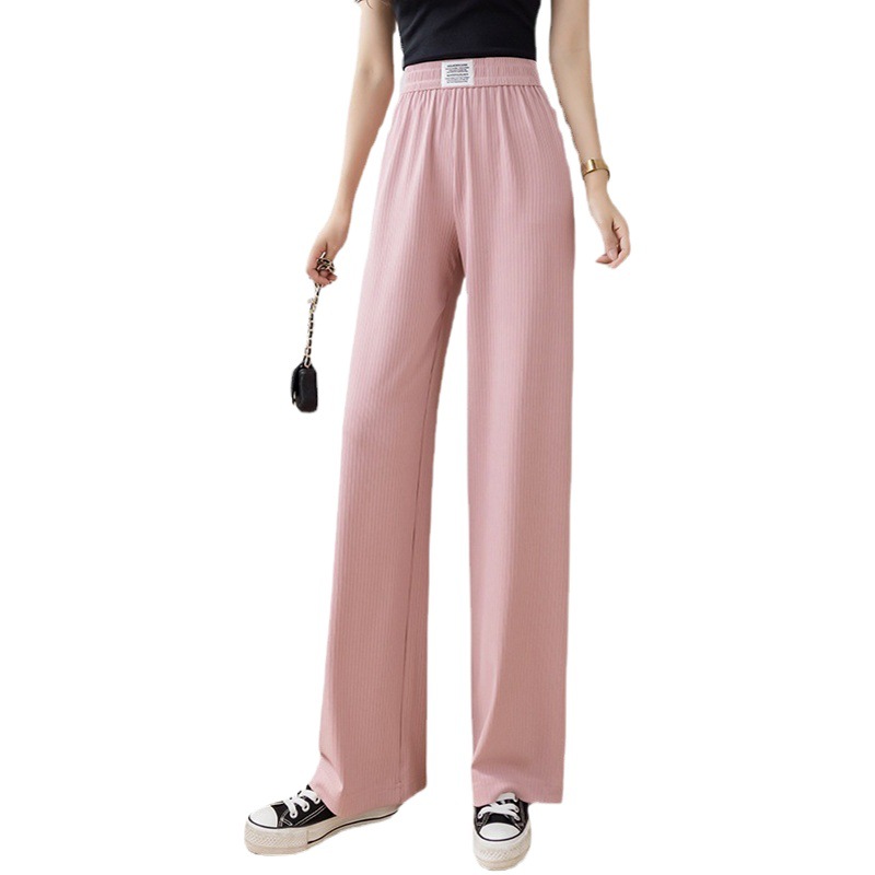 Ice Silk Tooth Label Strip Wide Leg Pants Casual Pants Pants Spring and Summer New Women's Weaving Label Waist High Waist Pants Slim and Sag Y