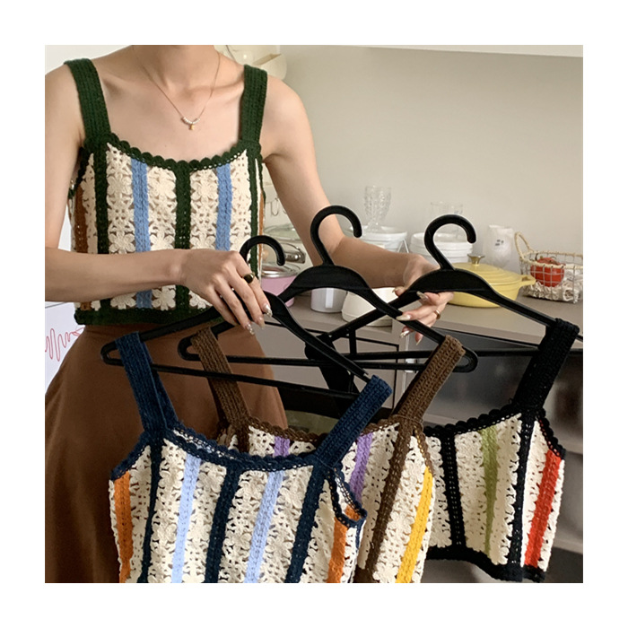 Picture of 2025 New Summer Style Knitted Hollow Embroidery Stitching Contrasting Color Fashion Camisole Vest for Women