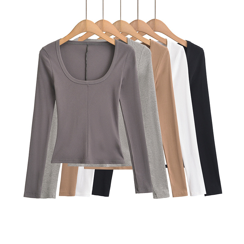 Autumn 2024 New Pure Sexy Big U-Neck Long Sleeve Basic T American Style Spice Twill Slim Base Shirt