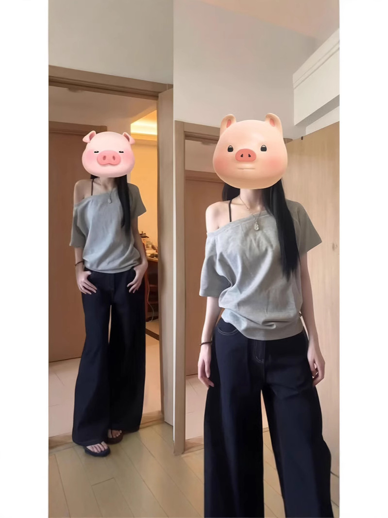 Women's Summer 2024 New Hot Style Loose Lazy Style Design Sweet and Spicy Top with One-Shoulder Collar Crossbody Short-Sleeve T-Shirt