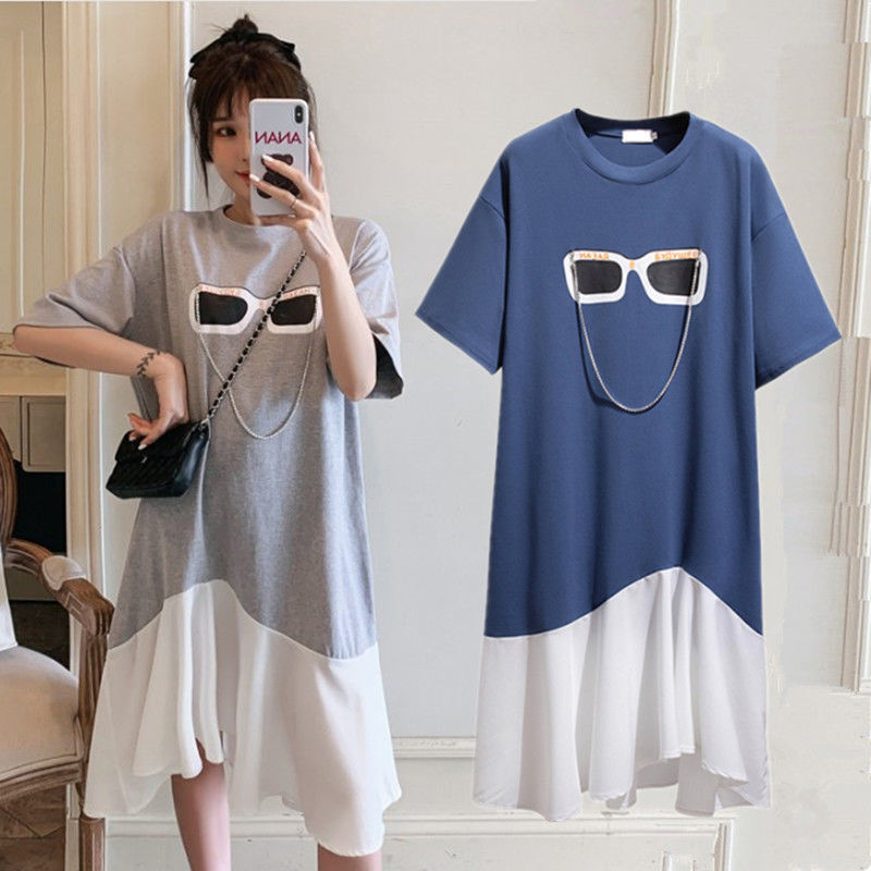 Pregnant Women's Summer New Korean-style Ruffled Long Skirt Large Size Pregnant Women's Dress Loose Long T-shirt Dress Trendy