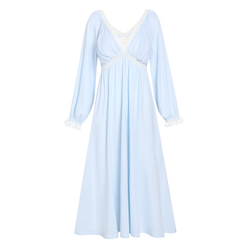 Long-sleeved nightdress women's cotton vintage court style lace princess pajamas V-neck with chest pad can be worn outside home wear spring and autumn