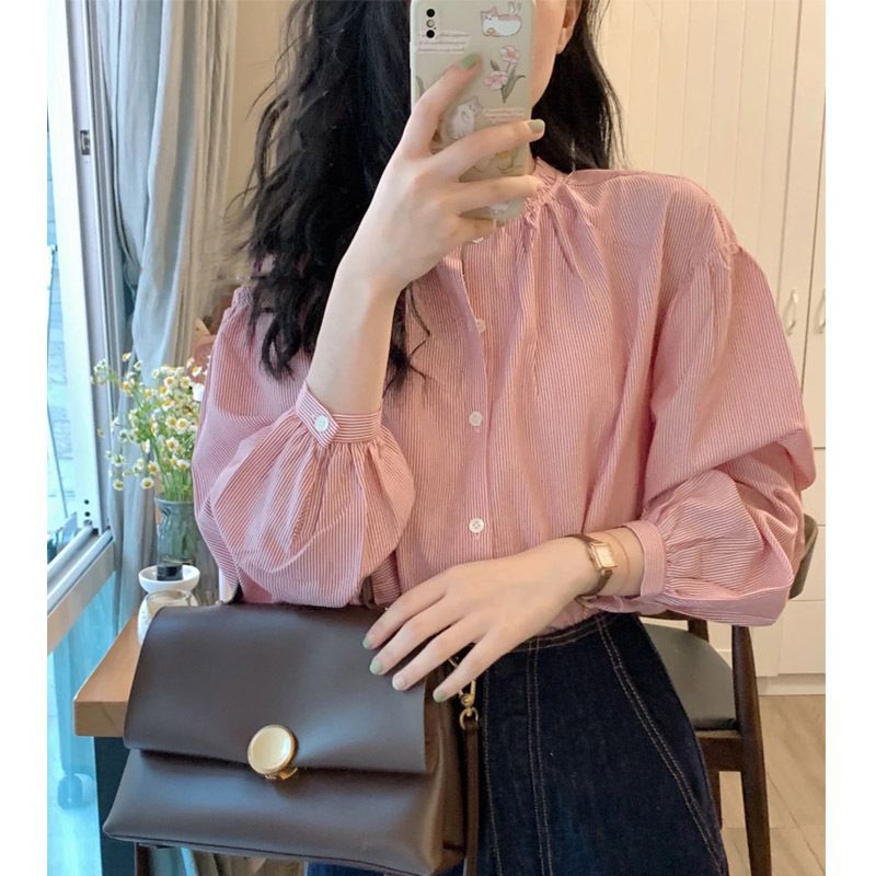 Pink Striped Shirt for Women, Summer Design, Niche French Style Shirt, Chic Top for Petite Women