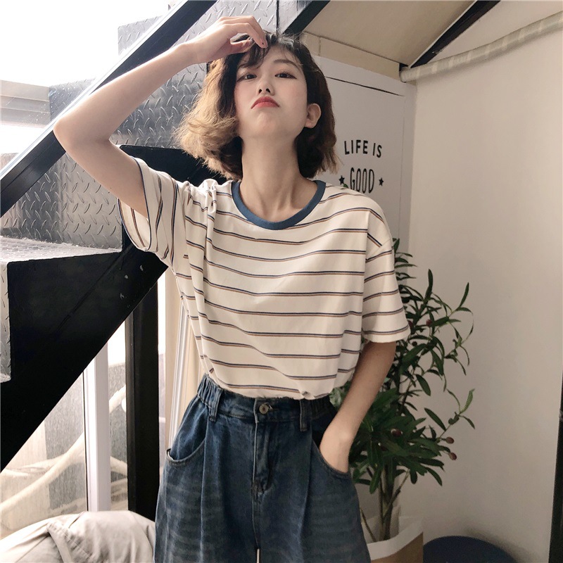 Picture of Blue Collar Color Stripesd Short-Sleeved T-Shirt for Women Summer Loose Bottoming Shirt Student Casual Top Export Women's Clothing Wholesale