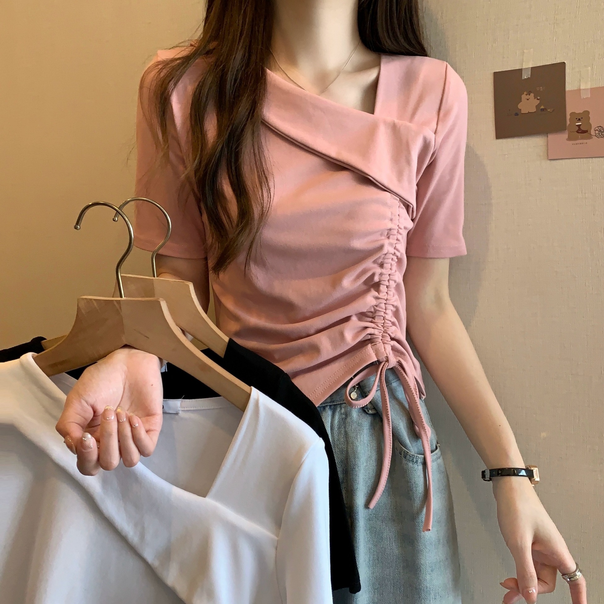 Plus size women's irregular pleated top chubby girl Summer new sweet V-neck slim slimming short sleeve T-shirt cross-border