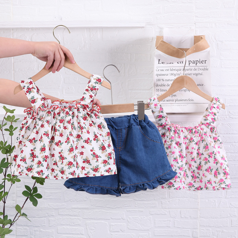 2023 Children's New Summer Fashionable Fashionable Female Baby Korean Style Floral Stylish Sling Cute Shorts Two-piece Set