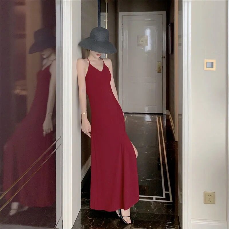 Korean Chic sexy sling V-neck slim split dress mid-length waist A- line skirt hip skirt bottoming skirt