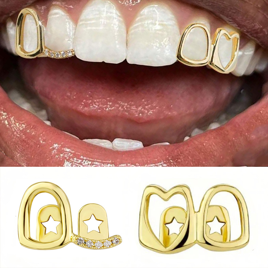 Hollow-out love stick drill double braces daily out of the street cool smooth gold teeth hip-hop Joker cross-border accessories wholesale