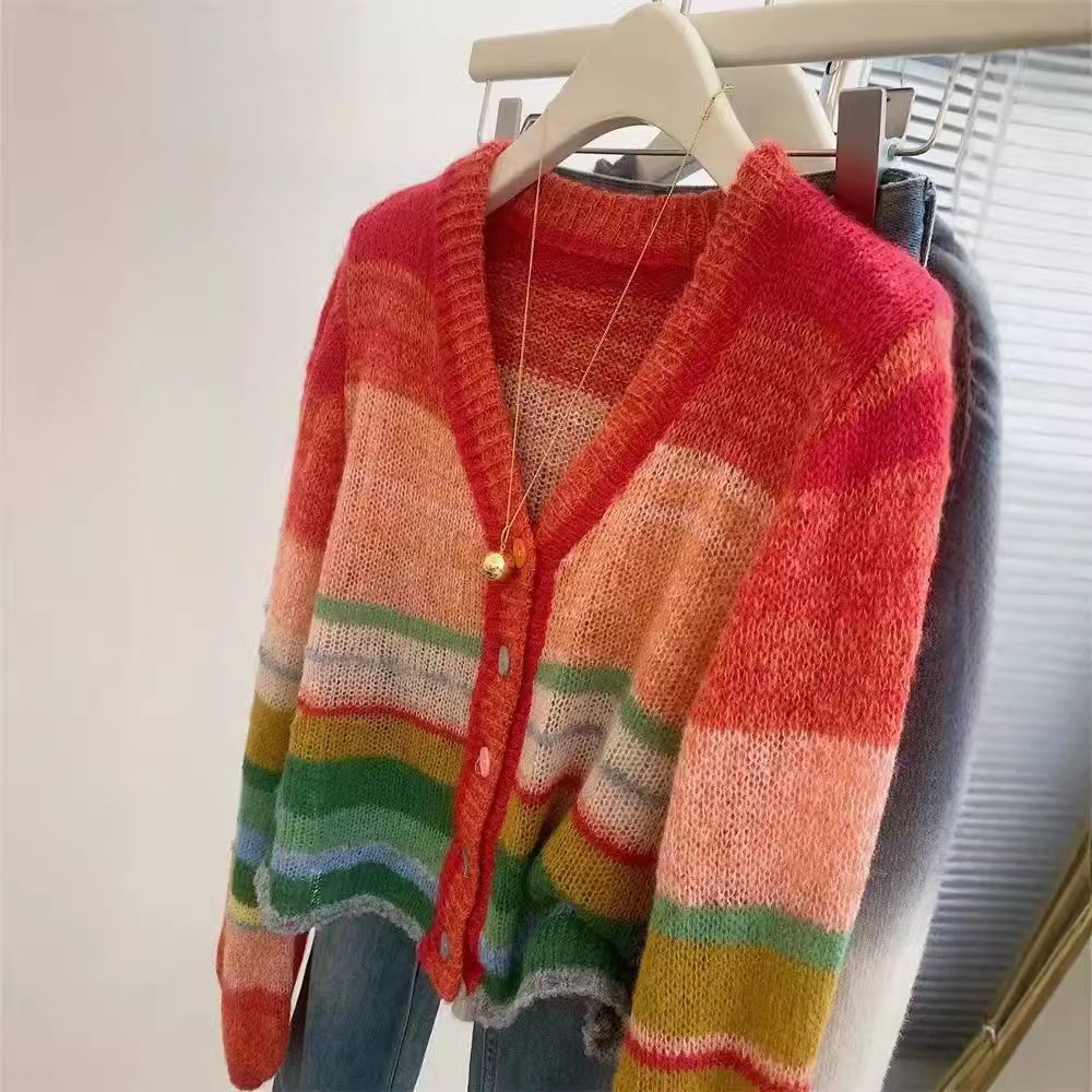 Picture of Rainbow Contrast Color V-neck Sweater Women's Autumn and Winter High-end Sense Super Good-looking Cardigan Jacket Candy Color Sweater Top Trendy
