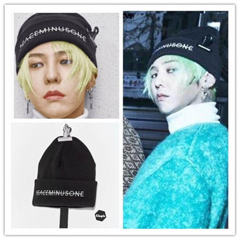 GD with personality long belt pmo letter embroidery knitted hat Korean fashion all-match warm wool hat autumn and winter