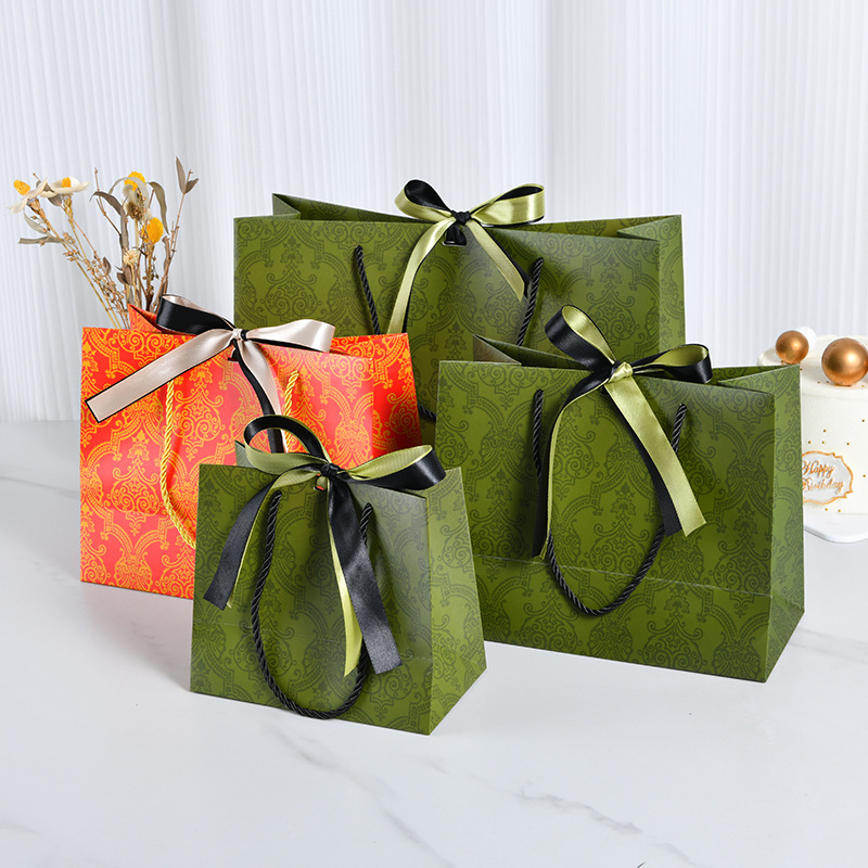 Green gift bag portable paper bag bow holiday gift bag printed LOGO in stock packaging bag