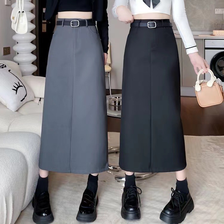 2024 Spring and Autumn High-end Suit Skirt Draped High Waist Slimming Hip Covering All-match Split Hip A- line Long Skirt