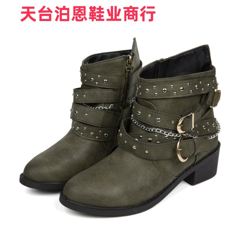 Picture of Cross-border foreign trade in-stock 2025 side zipper round toe double chain square heel PU European and American women's ankle boots autumn and winter new ankle-length boots