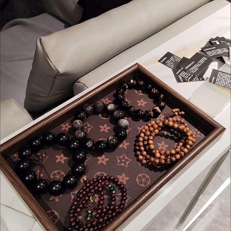 Picture of Wooden Tray Leather High-End Vintage Tea Tray Walnut Jewelry Rectangular Light Luxury Storage Tea Tray Solid Wood