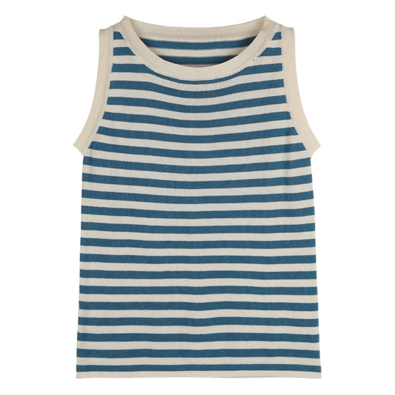 Pure Cotton Sweat-Absorbent 2025 Spring and Summer New Women's Pullover Short Stripesd T-Shirt Slimming Look Sleeveless Vest Versatile Knitwear