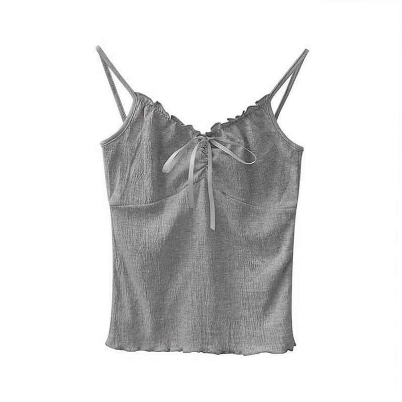 Spring New Vintage Fresh Style Pleated Bow Tie-up Texture Short Small Strap Base Shirt Top for Women
